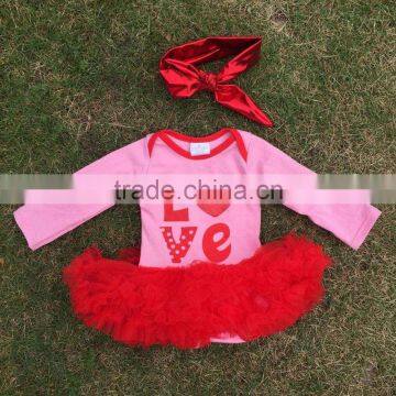 2016 Valentine's day design baby girls romper ruffle dress clothes pink red"Love" cute baby kids clothes with matching headband