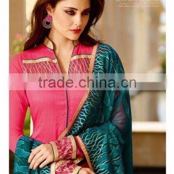 Charming Pink Color Straight Cut Bottom Zari embroidery Border Hi neck Designer Semi Stitch Salwar Kameez