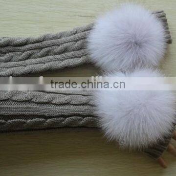 2017 NEW style fox fur hand warmer knitting muff/ long style knit fur pompon muff mittens gloves