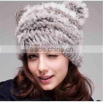 YR170 Lovely Korean Style Real Rabbit Fur Winter Beanie Animal Ear Hat