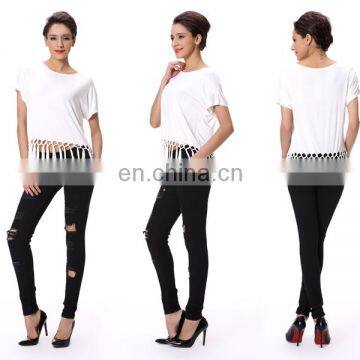 Tassel Design Short Sleeve Women Fashion Garment White Tops photo-2