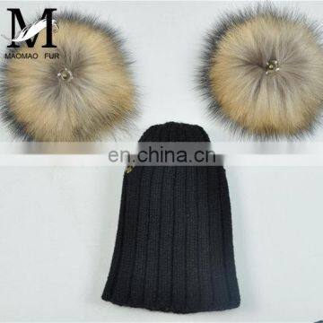 High Quality Kids Knitted Beanies Hat Double Big Raccoon Fur Pom Pom Hat Baby photo-6