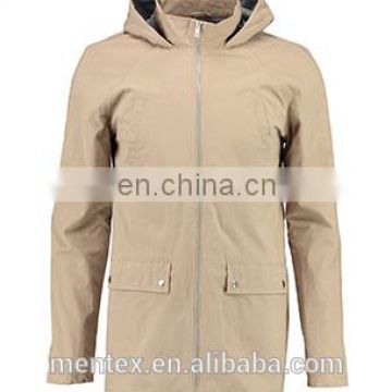 Man's Beige Windproof Hooded Overcoat With Zipper Closure