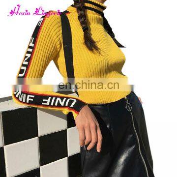 Latest popular yellow high neck long sleeves mature women tight knit wool sweater