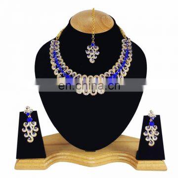 Designer Gold Plated Indian Handmade Party wear Kundan Zerconic Necklace set Blue Color