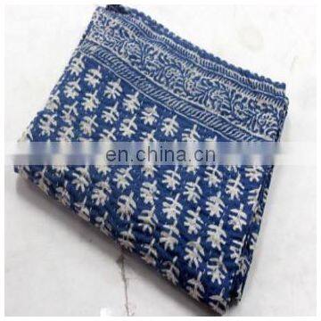 Hand made kantha quilt vintage twin size throw hand stitched indigo blue color