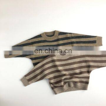 2020 spring and autumn children's pullover thickened literary bottoming long-sleeved shirt round neck striped brown Korean girl