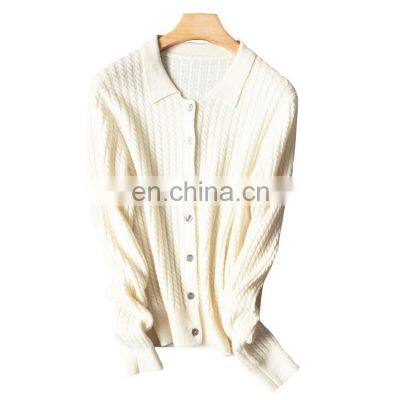 Women Twisted Cashmere Cable Knit Polo Neck Cardigan