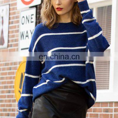 Women Oversized Crew Neck Plain Knit Loose Pullover Merino Wool Striped Sweater Top photo-4