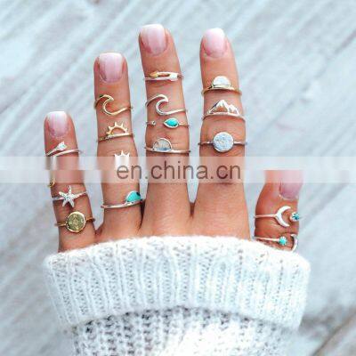 19pcs/set Women Rings Set Compass Arrow Starfish Wave Moon Eyes Gem Charm Bohemian Ring