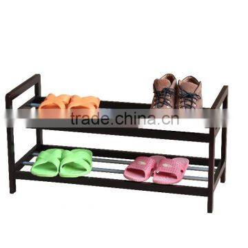 Eco-Friendly 2 Tiers Pine Wood and Metal Shoe Rack