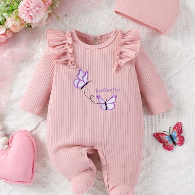 Baby's Butterfly Embroidery Ruffled Long Sleeve Ribbed Footed Romper, Toddler & Infant Girl's Bodysuit