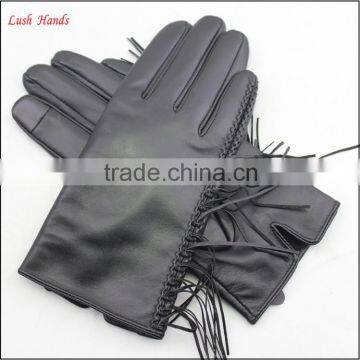Genuine Black Thin Fringed Leather Gloves With Polyester Lining photo-2