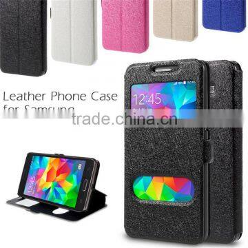 smart double window pu leather flip mobile phone cover case for samsung j1/e7