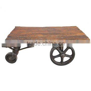 Vintage Industrial Cart Coffee Table Reclaimed wood and cast iron wheels