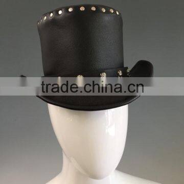 NEW 2015 FASHION BLACK SKULL LEATHER TOP HAT GENUINE LEATHER TOP HAT FOR MENS,WOMENS