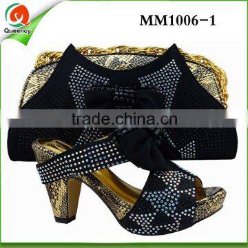 MM1006-1 Black +gold 2015High Quality fashion design African Shoes With Bag Set African Women Shoes High Heel