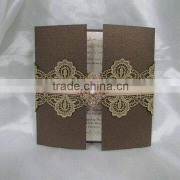 Jazzy style folio with ribbon and personal custom lace hot foil wedding invitations card                        
                                                Quality Choice