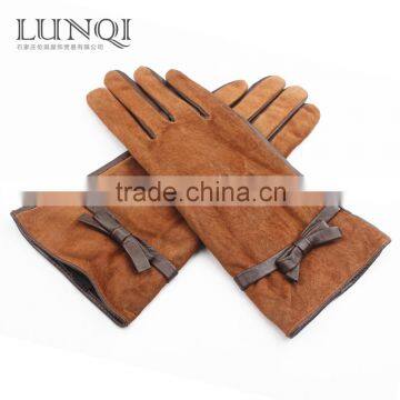 Hot selling brown sheepskin leather gloves with bowknot --- women