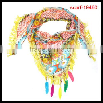 2014 lady colorfull triangle fringe scarf with feather tassel