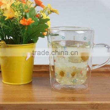 china manufacturer high borosilicate beautiful decal pattern double wall glass cup with handle