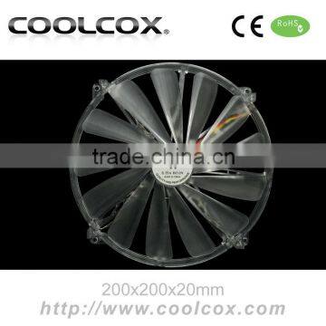 CoolCox 200x200x20mm DC axial fan, 20020 LED cooling fan,sleeve,5V/12V for option,gaming case cooling fan,laptop cooling fan