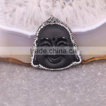 Black Obsidian Pendant, with Pave Crystal Edged Carving Obsidian Buddha Face Pendant, Gem stone Pendant For Jewelry Making