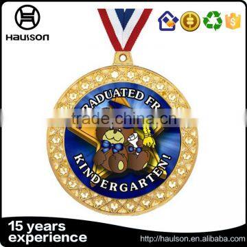 high quality custom 3d cast shiny diamond shape edge brass iron zinc alloy gold plated graduation award medal with ribbon