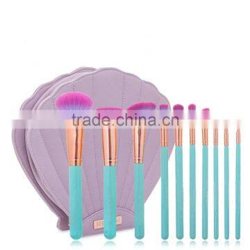 2017 New 10pcs makeup brush set Women Colorful Soft Synthetic hair with Shell Leather bag Powder Foundation cosmetic tools