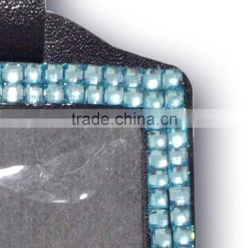 ID Holder With Light Blue Gem, High Quality Promotion Gift PU Leather Badge Holder With Crystal Gem Decoration photo-3