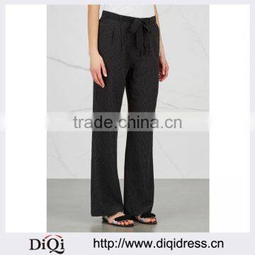Wholesale Women Apparel Polka-dot Print Belt Loops Waist Tie Black Silk Trousers(DQE0364P)