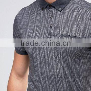 Herringbone Design Short Sleeve Chest Pocket Button Placket Dark Grey Men's 54% Cotton 46% Polyester 200g Casual Polo Shirt photo-3