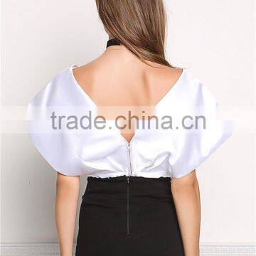MGOO Custom Designs V Neck Tunic Fashion Cross White Satin Blouses 100% Polyester Sleeveless Tops photo-6