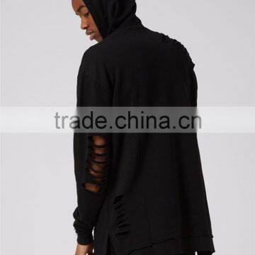 Plain Black Extreme Ripped Oversized Longline Distressed Hoodie Split Side Drawstrings Blank Sweatshirt Men photo-5