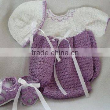 Ribbon Pattern with Hat and Shoes Handmade Baby Dress Crochet