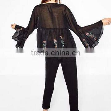 Runwaylover EY2375B 2017 Fashion Women Flare Sleeve Chiffon Embroidery Blouse photo-3