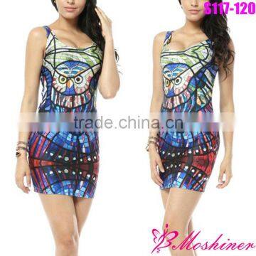 2013 New Women's Digital Print Dress Owl & Block Package Hip Casual Dress