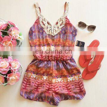 Lace print spaghetti strap designs playsuit jumpsuit for adult