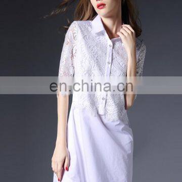 OEM/ODM mini order fashion women scallop lace half sleeves summer sexy office lady white shirt dress