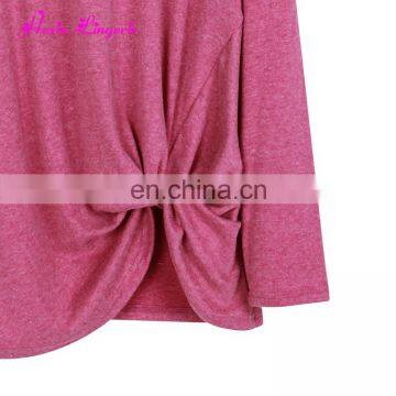 Solid Rose Red Irregular Knot Fashion Ladies Long Sleeve Women Top and Blouses photo-6