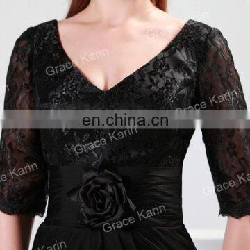 2015 Grace Karin Knee-Length Lace Mother of Bride Dress With Middle Sleeve Women's Black and Red V-Neck CL4363-2# photo-6