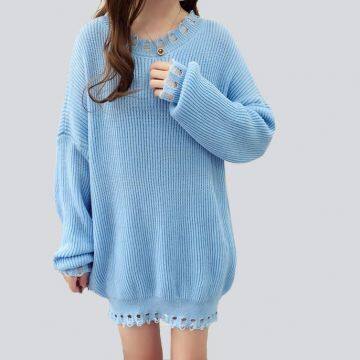 Women′s Sweaters Knitted Dress Fashion Ripped Design Long Pullover