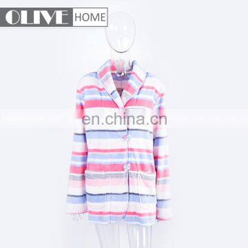 Spring Personalized Super Soft Duplex Printing Striped Coral Fleece Bathrobe With Horn Button