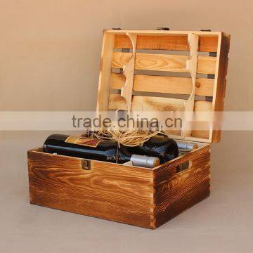 Custom two layer hinged wooden wine box 6 bottles burn effect