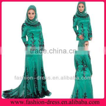 New Arrival Long Sleeve Green Chiffon Muslim Evening Dress With Black Lace