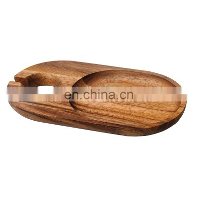 New arrival Acacia Wood Plates With Wine Glass Holder Cocktail Plates,fruit snack serving tray