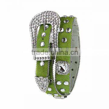 GENUINE LEATHER faux fur square lime green rhinestone and crystal accents belt