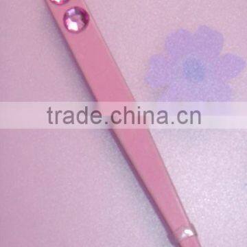 Pink coating stainless steel slanted tip eyebrow tweezers