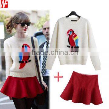 Round Collar Woman Sweater Parrot Pattern Women's Sweater