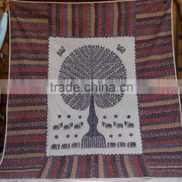 Beautiful jaipuri hand block printed hand embroidered bed cover with kantha work